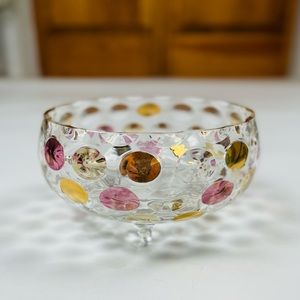 Vintage art glass bowl dimpled circle multicolor design 3 footed MCM